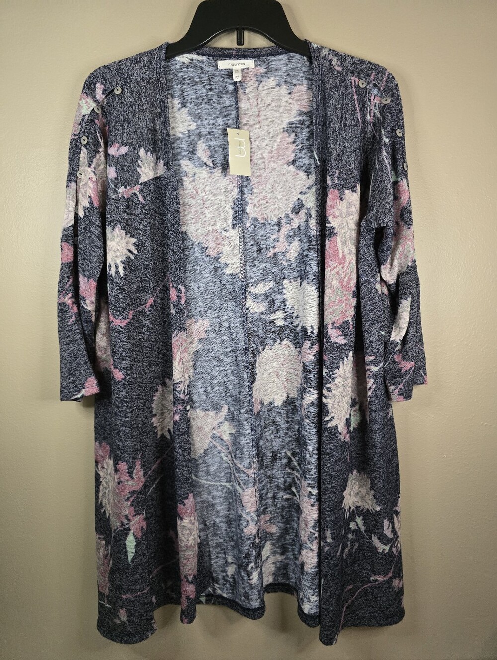 Maurices Floral Open Front Button Sleeve Cardigan Womens Medium Grey Pink Boho